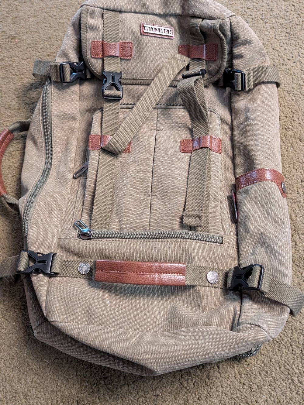 Canvas Travel Backpack in Khaki with Leather Accents